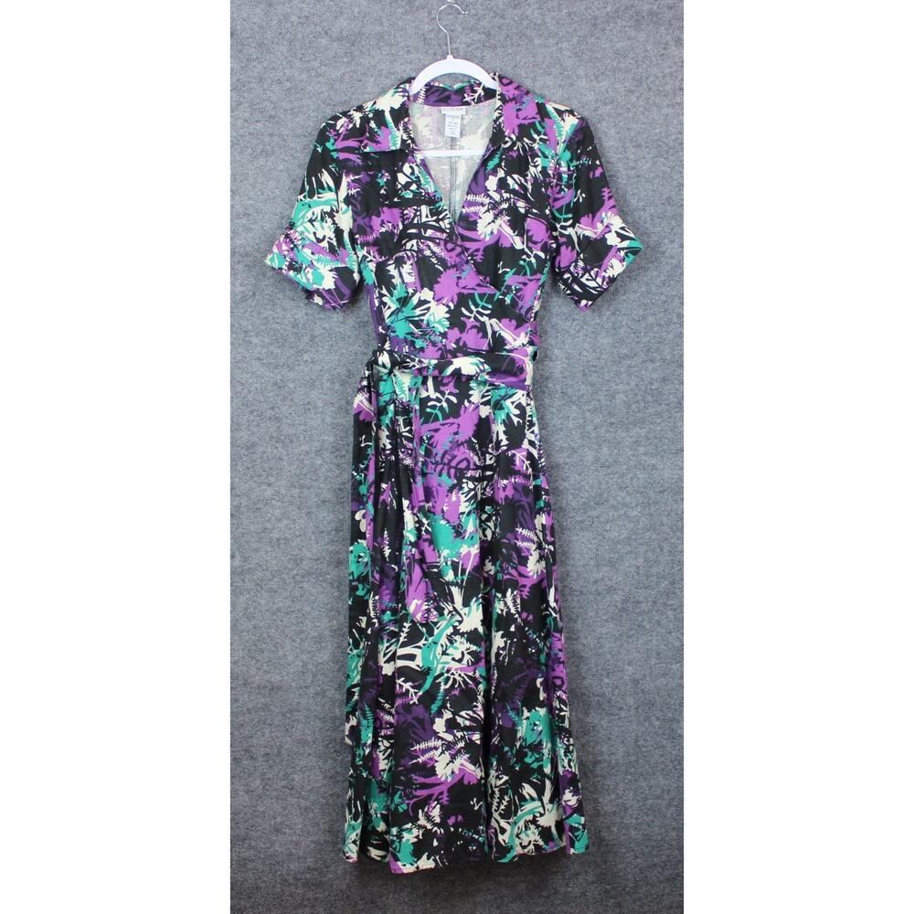 JG HOOK 100% Linen 80's VTG Wrap Dress‎ Women's Size 8 Black, Purple, White